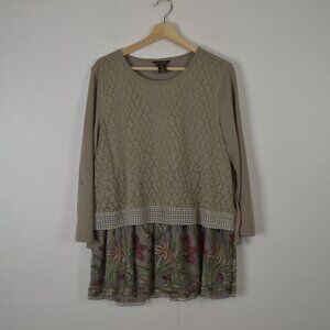 Multiples Floral Womens M Tunic Top Embroidered Mesh Lined Roll Long Sleeve